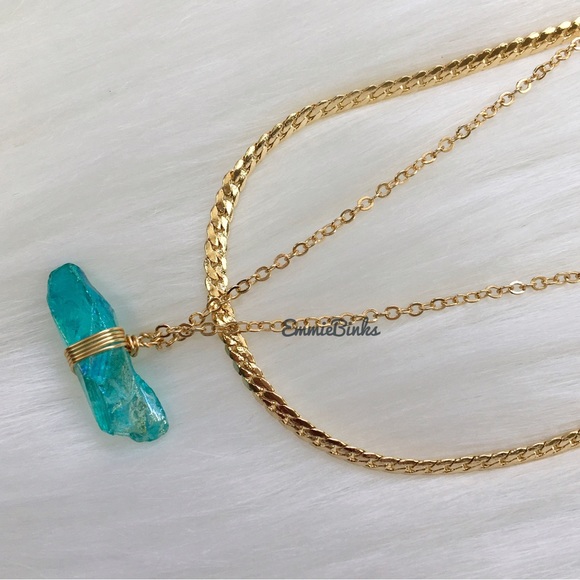 New Aqua Green Aura Quartz Crystal Dual Copper Chain Layered Necklace - Picture 7 of 16